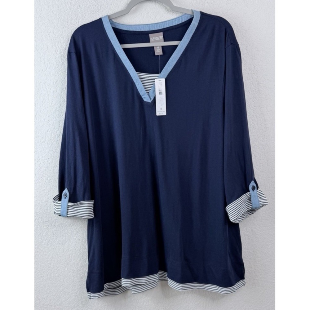 Chico's Popover Top Blouse 4 XXL Modal Blend Navy Contrast Trim Nautical Coastal